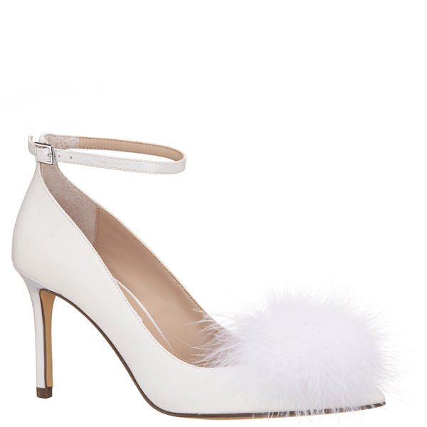 NYRA-IVORY SATIN FEATHER POUF HIGH-HEEL POINTY-TOE PUMP