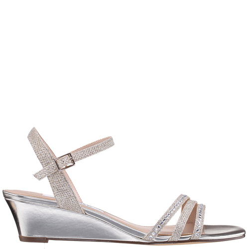 VYNETTA-SOFT PLATINO SATIN WITH CRYSTALS WEDGE SANDAL