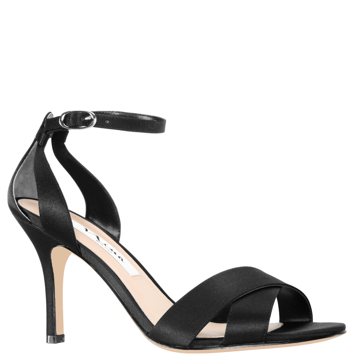 Nina Venus Women's 8 Black Satin Ankle Strap Heels / Heeled Shoes NIB