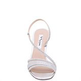 ABBI-Womens Silver Textured Metallic & Crystal Slingback Mid-Heel Sandal