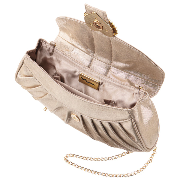 APOLINA-TAUPE 
CRYSTAL HEART ADORNED CLUTCH