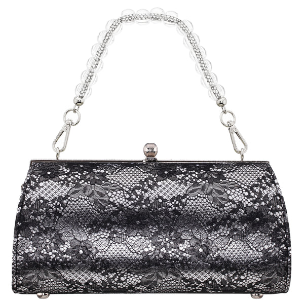AUDRA-BLACK SILVER VINTAGE STYLE SATCHEL WITH CRYSTAL/LUCITE HANDLE