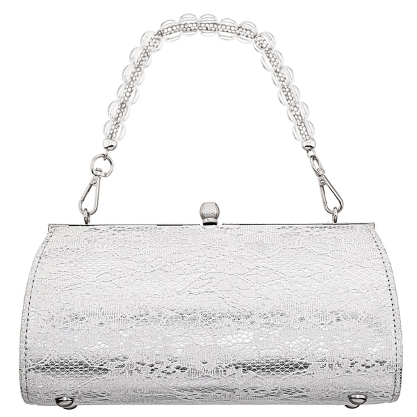 AUDRA-WHITE 
VINTAGE STYLE SATCHEL WITH CRYSTAL/LUCITE HANDLE