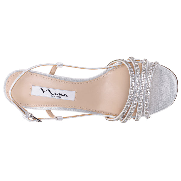 AVALEY-TRUE SILVER METALLIC SUEDETTE WITH CRYSTALS HIGH HEEL SLINGBACK SANDAL