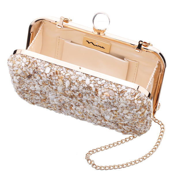 BLISS-IVORY STONE BEADED MINAUDIERE WITH CRYSTAL BALL CLOSURE