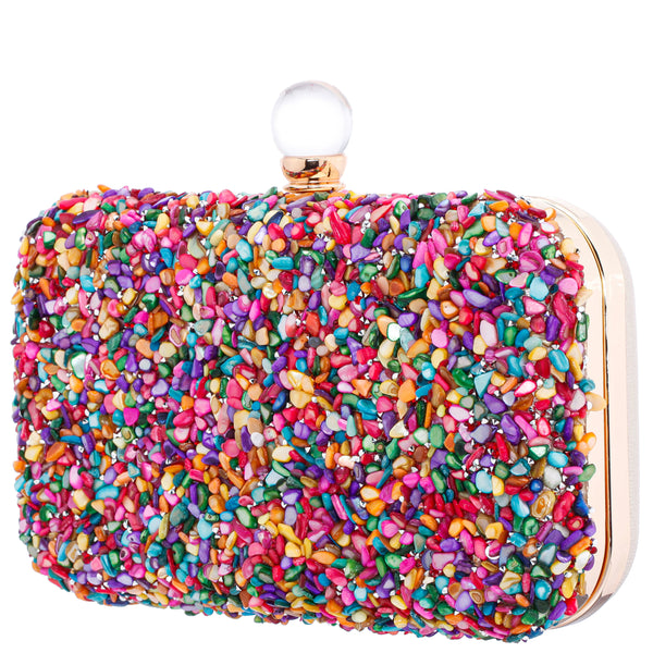 BLISS-MULTI STONE BEADED MINAUDIERE WITH CRYSTAL BALL CLOSURE