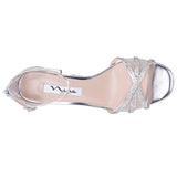 BROOKE-Womens Silver Metallic Foil Crystal Block Mid-Heel Sandal
