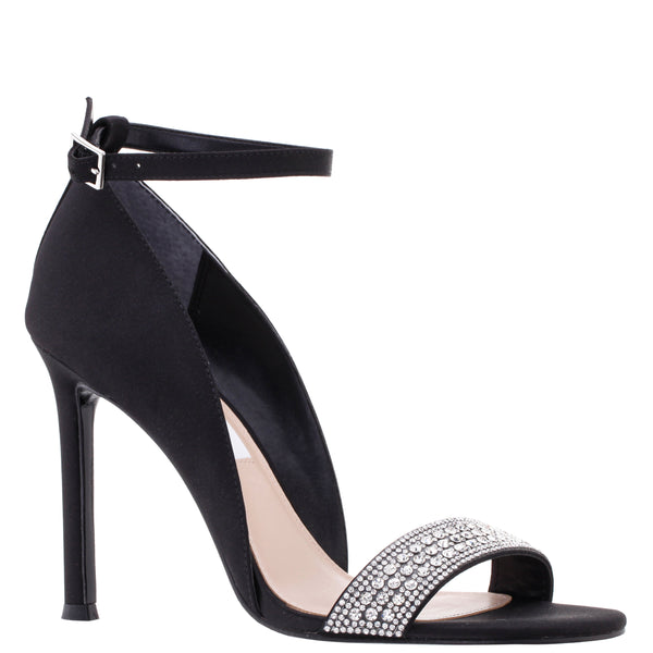 DRENKA-Womens Black Satin Crystal Ankle-Strap d'Orsay Stiletto-Heel Pump