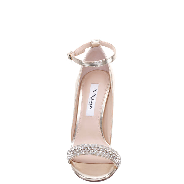 DRENKA-Womens Platino Metallic Foil Crystal Ankle-Strap d'Orsay Stiletto-Heel Pump