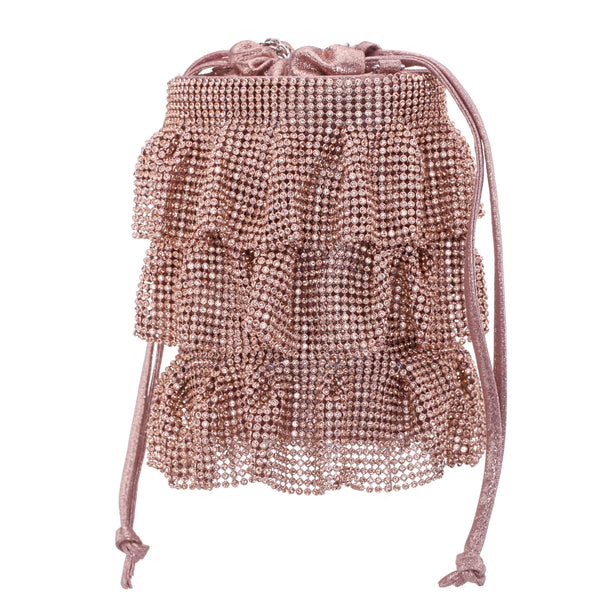 ELEGANT-ROSE GOLD 3 TIERED CRYSTAL MESH POUCH BAG