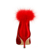 FLORENZ-RED ROUGE SATIN FEATHER MID-HEEL ANKLE BOOTIE