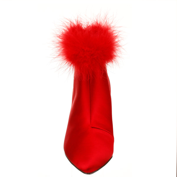 FLORENZ-RED ROUGE SATIN FEATHER MID-HEEL ANKLE BOOTIE