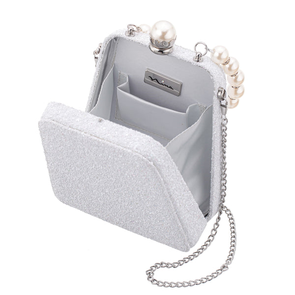 KARLOTTA-WHITE 
PEARL HANDLE GLITTER BOX BAG
