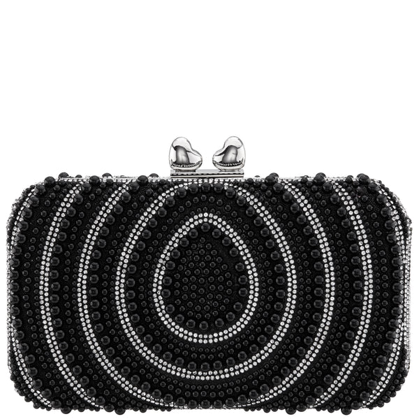 KENDRA-BLACK BEADED/CRYSTAL MINAUDIERE WITH DOUBLE HEARTS CLASP