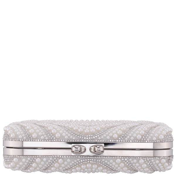 KENDRA-WHITE BEADED/CRYSTAL MINAUDIERE WITH DOUBLE HEARTS CLASP