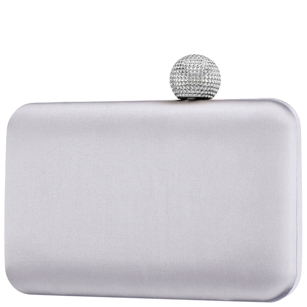 KIMBERLY-SILVER SATIN MINAUDIERE WITH CRYSTAL CLASP