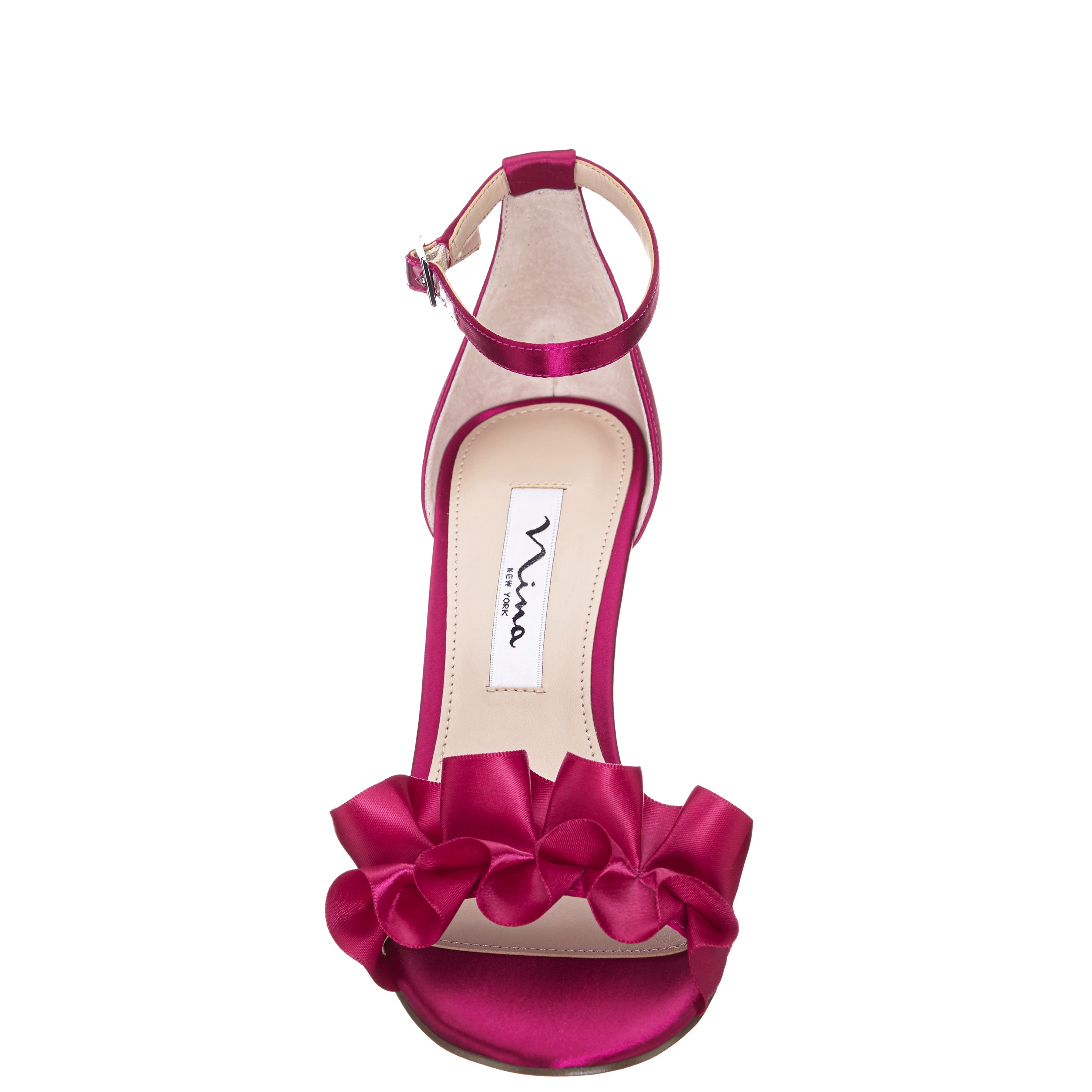 Womens Lisa Pink Satin with Ruffle Mid Heel Sandals with Ankle-Strap | Nina  Shoes