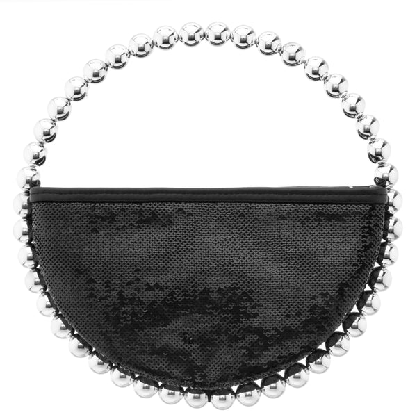 LOVEY-BLACK SEQUIN CIRCLE BAG WITH METALLIC BEADED HANDLE
