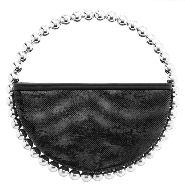 LOVEY-BLACK SEQUIN CIRCLE BAG WITH METALLIC BEADED HANDLE