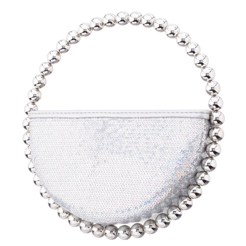 LOVEY-SILVER SEQUIN CIRCLE BAG WITH METALLIC BEADED HANDLE