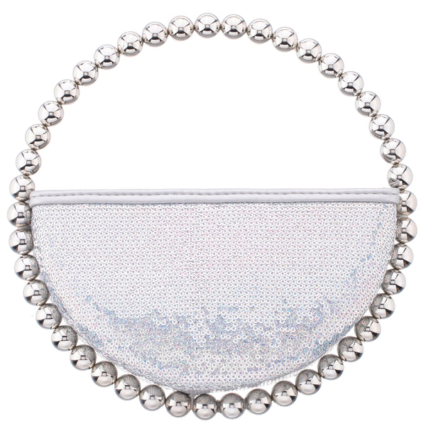 LOVEY-SILVER SEQUIN CIRCLE BAG WITH METALLIC BEADED HANDLE