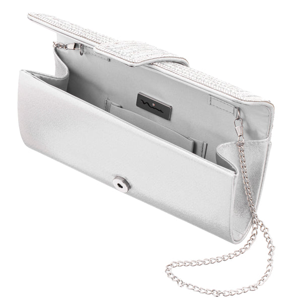 MADELINE-SILVER BEADED CRYSTAL FLAP CLUTCH