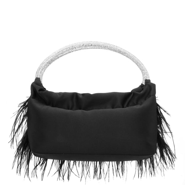 MINNIE-BLACK CRYSTAL HANDLE FEATHER POUCH
