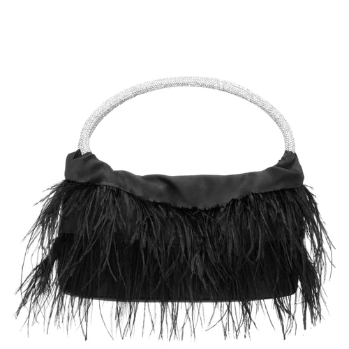 MINNIE-BLACK CRYSTAL HANDLE FEATHER POUCH