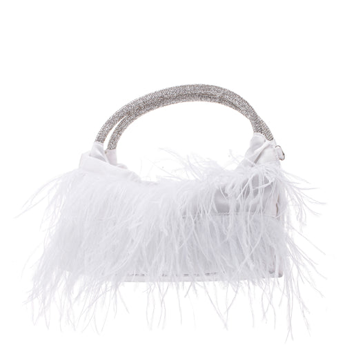 MINNIE-WHITE CRYSTAL HANDLE FEATHER POUCH