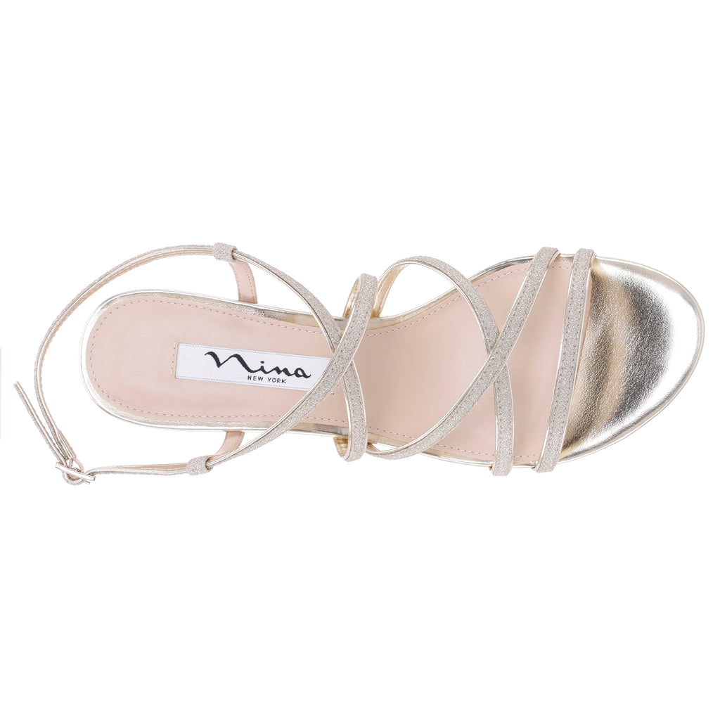 Womens Neli Platino Glitter Strappy Mid-Heel Sandal | Nina Shoes