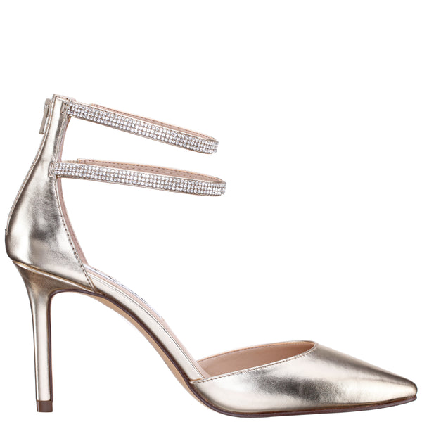 NIKIA-Womens Platino Metallic Foil Crystal Ankle-Strap Pointy-Toe High-Heel Dressy Pump