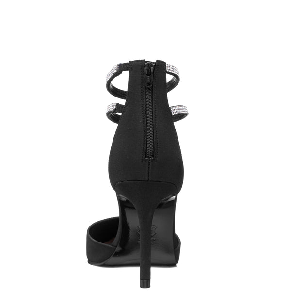 NIKIA-Womens Black Satin Crystal Ankle-Strap Pointy-Toe High-Heel Dressy Pump