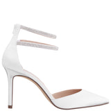 NIKIA-Womens White Satin Crystal Ankle-Strap Pointy-Toe High-Heel Dressy Pump