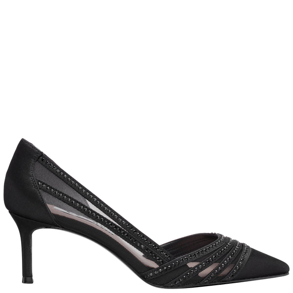 NOREEN-Women's Black Satin Crystal Pointy-Toe Mid-Heel d'Orsay Pump