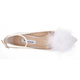 NYRA-IVORY SATIN FEATHER POUF HIGH-HEEL POINTY-TOE PUMP