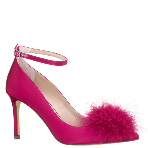 NYRA-PARFAIT PINK SATIN FEATHER POUF HIGH-HEEL POINTY-TOE PUMP