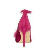NYRA-PARFAIT PINK SATIN FEATHER POUF HIGH-HEEL POINTY-TOE PUMP