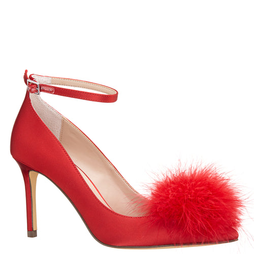 NYRA-RED ROUGE SATIN FEATHER POUF HIGH-HEEL POINTY-TOE PUMP