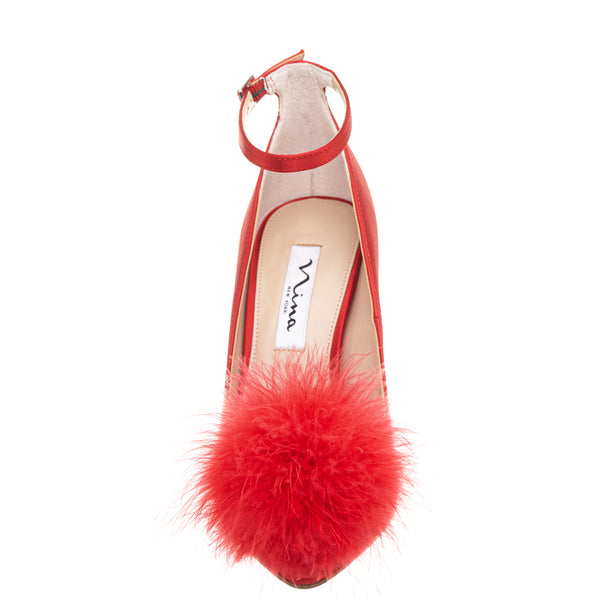 NYRA-RED ROUGE SATIN FEATHER POUF HIGH-HEEL POINTY-TOE PUMP