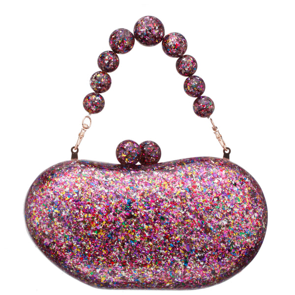 OPAL-RED PRINTED ACRYLIC MINAUDIERE WITH BEADED HANDLE