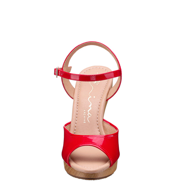 ROCK-CHERRY RED INSTEP STRAP SANDAL ON A WOODEN BOTTOM