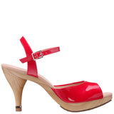 ROCK-CHERRY RED INSTEP STRAP SANDAL ON A WOODEN BOTTOM