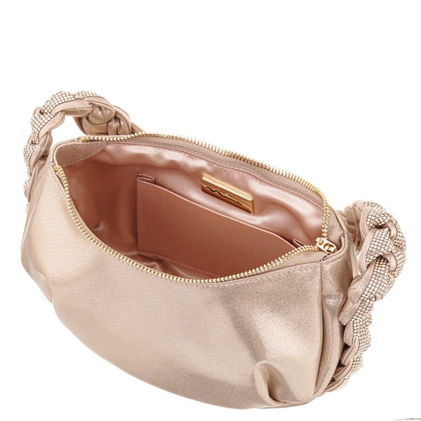 STARRY-TAUPE 
BRAIDED CRYSTAL DETAIL HOBO BAG