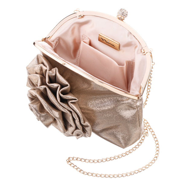 SWEETIE-TAUPE FLOWER EMBELLISHED FRAME CLUTCH