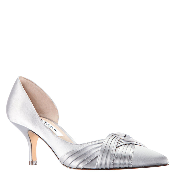 BLAKELY-NEW SILVER  SATIN POINTY-TOE D'ORSAY MID-HEEL DRESS PUMP