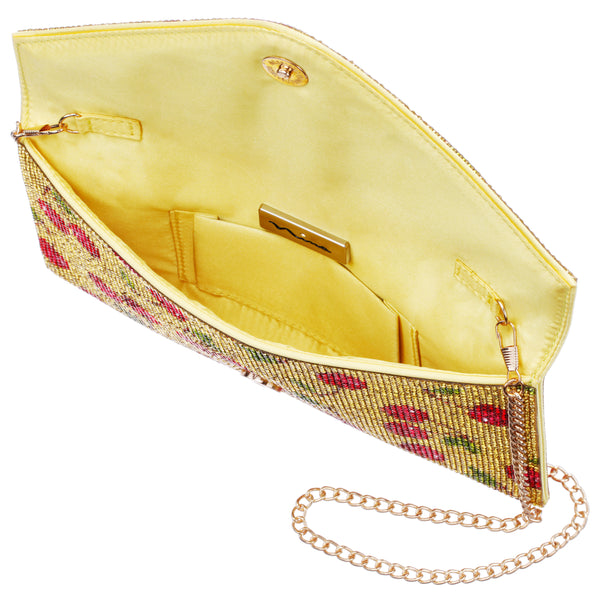 CHERRY-YELLOW CHERRY PRINT ALLOVER CRYSTAL CLUTCH