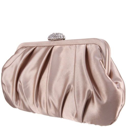 CONCORD-CHAMPAGNE PLEATED FRAME CLUTCH WITH CRYSTAL CLASP