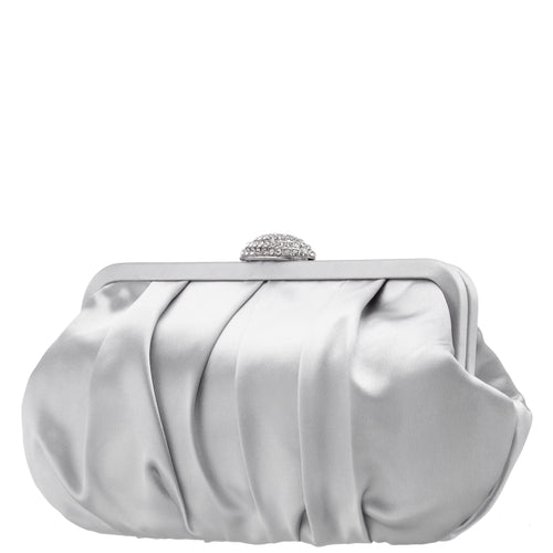 CONCORD-NEW SILVER PLEATED FRAME CLUTCH WITH CRYSTAL CLASP