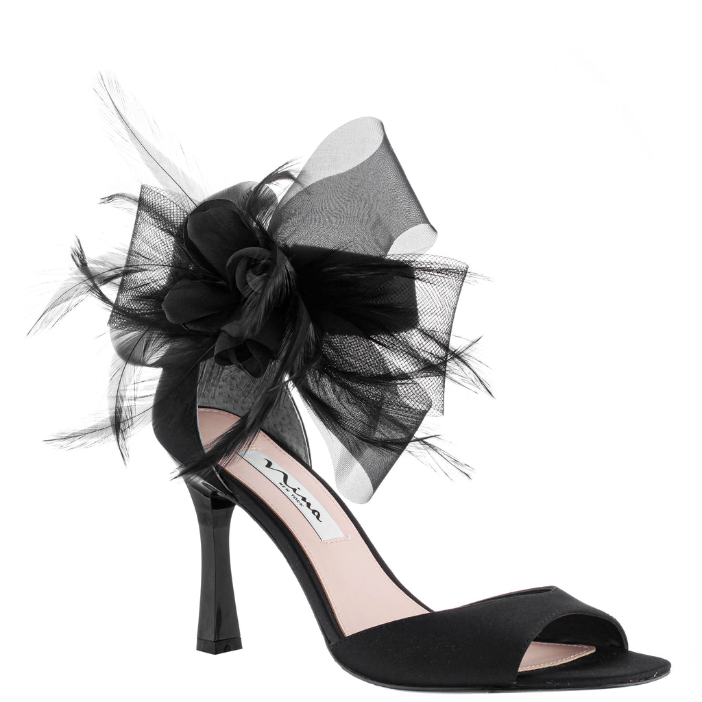 Womens Dora Black Satin Bow, Feather And Flower High-heel Dressy Sandal ...