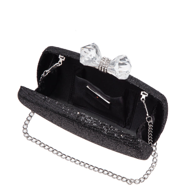 FELICE-BLACK GLITTER MINAUDIERE WITH CRYSTAL BOW CLASP